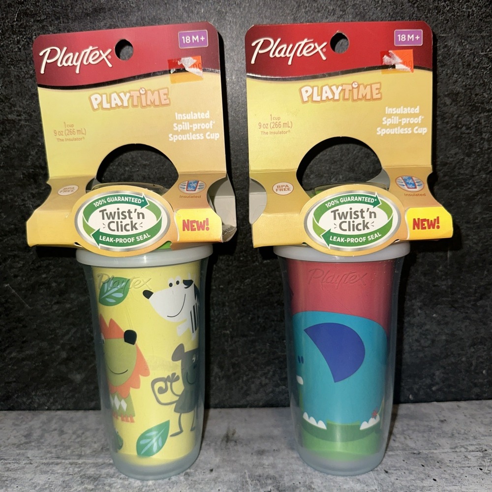 2 Playtex Playtime Insulated Spillproof Spout Cup Twist 'n Click Elephant Lion